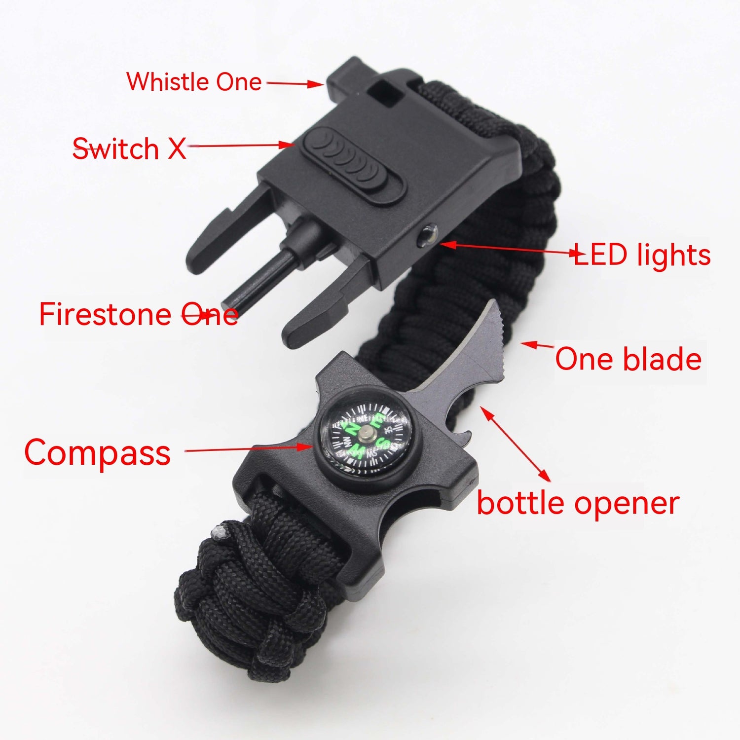 LED Paracord Survival Bracelet with Multitools & Mini Compass