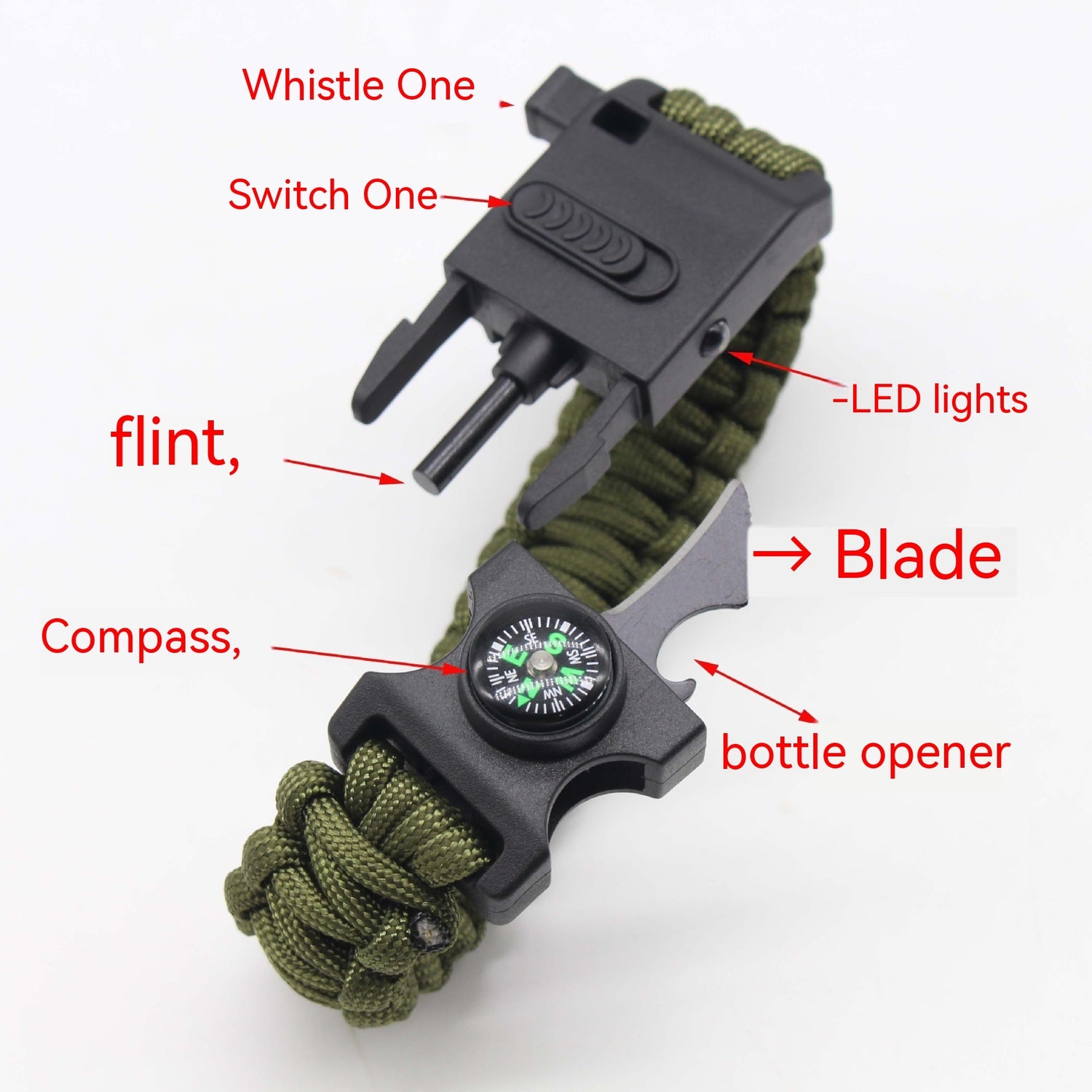 LED Paracord Survival Bracelet with Multitools & Mini Compass