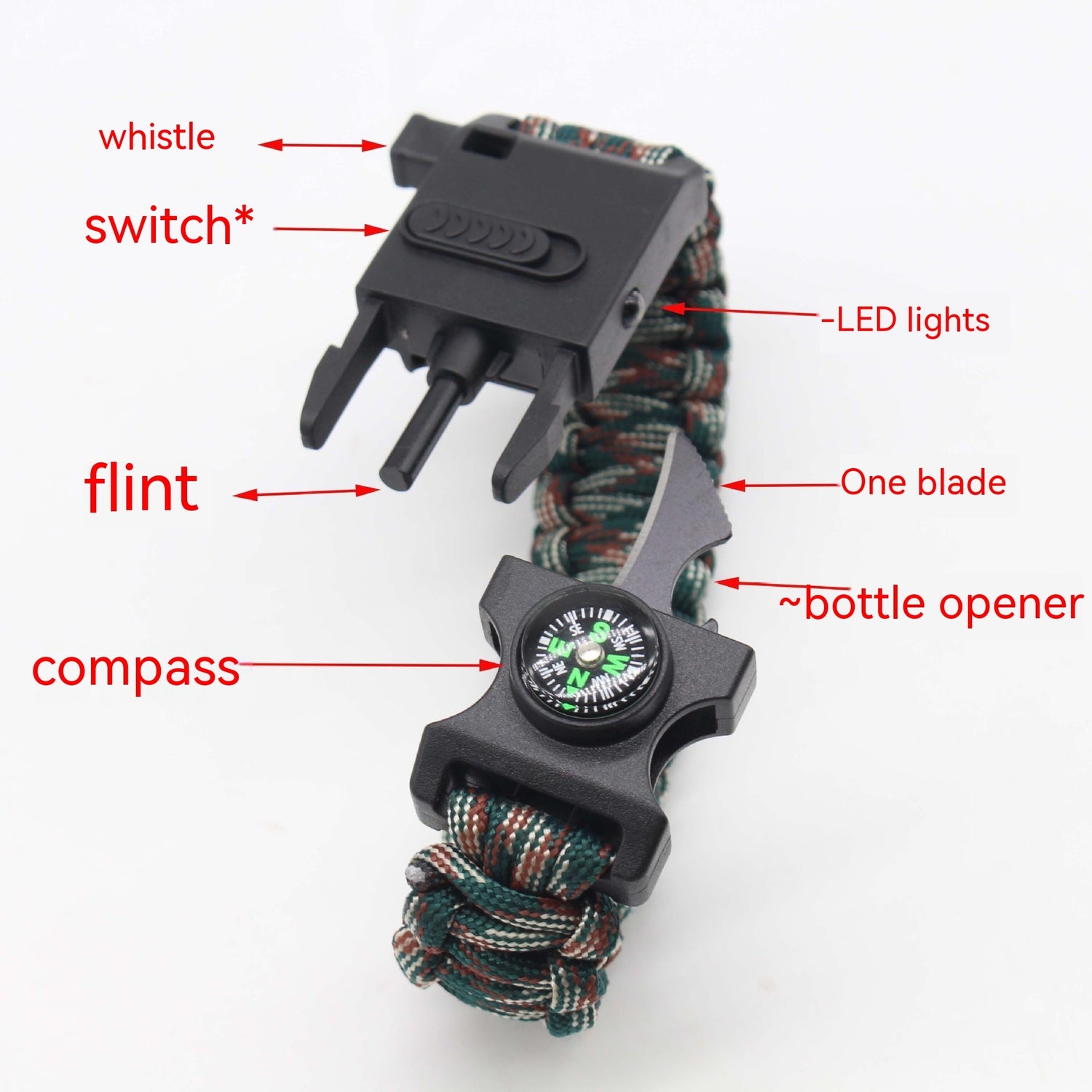 LED Paracord Survival Bracelet with Multitools & Mini Compass