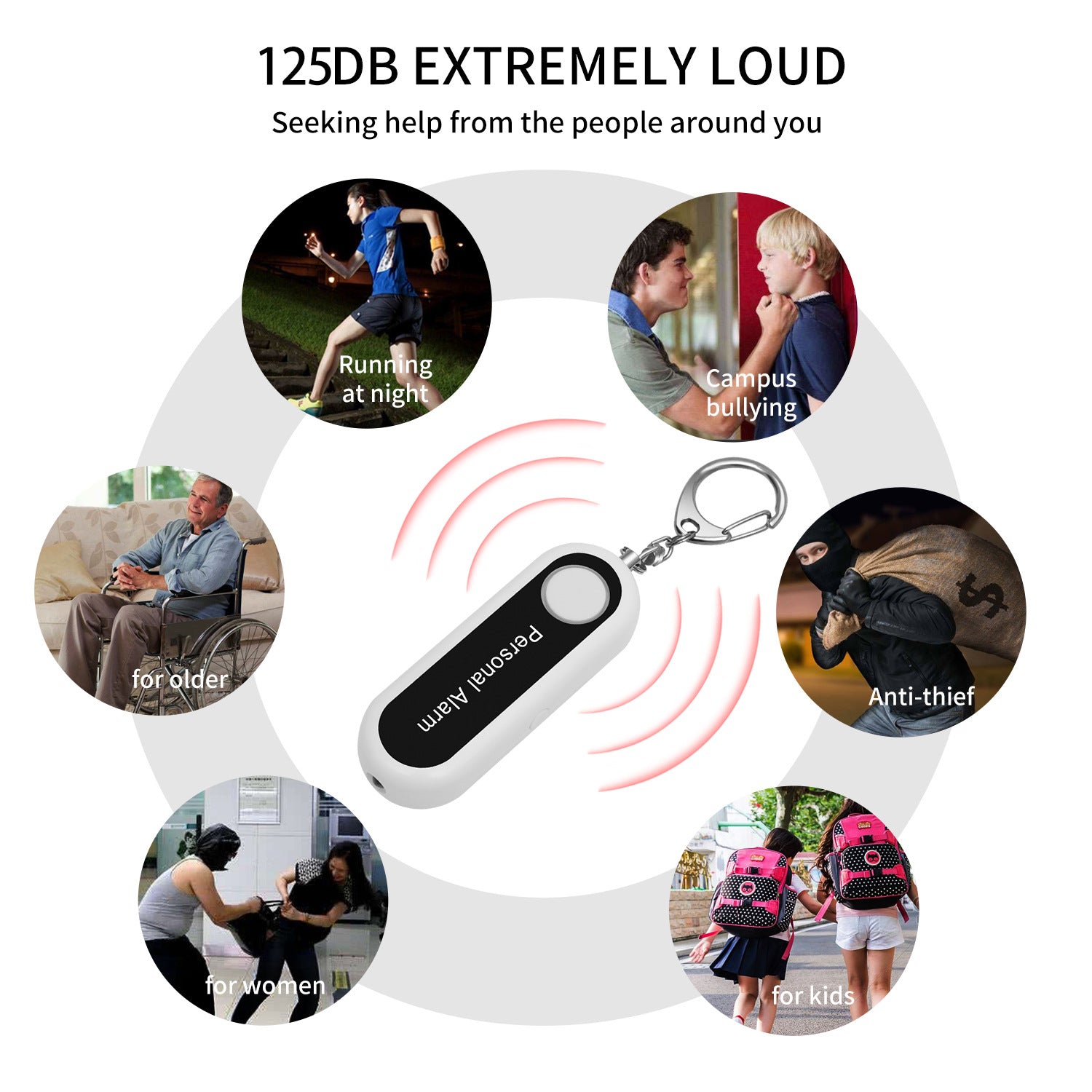 125dBの高音安全アラームキーチェーン – 地震や緊急時に素早く発見