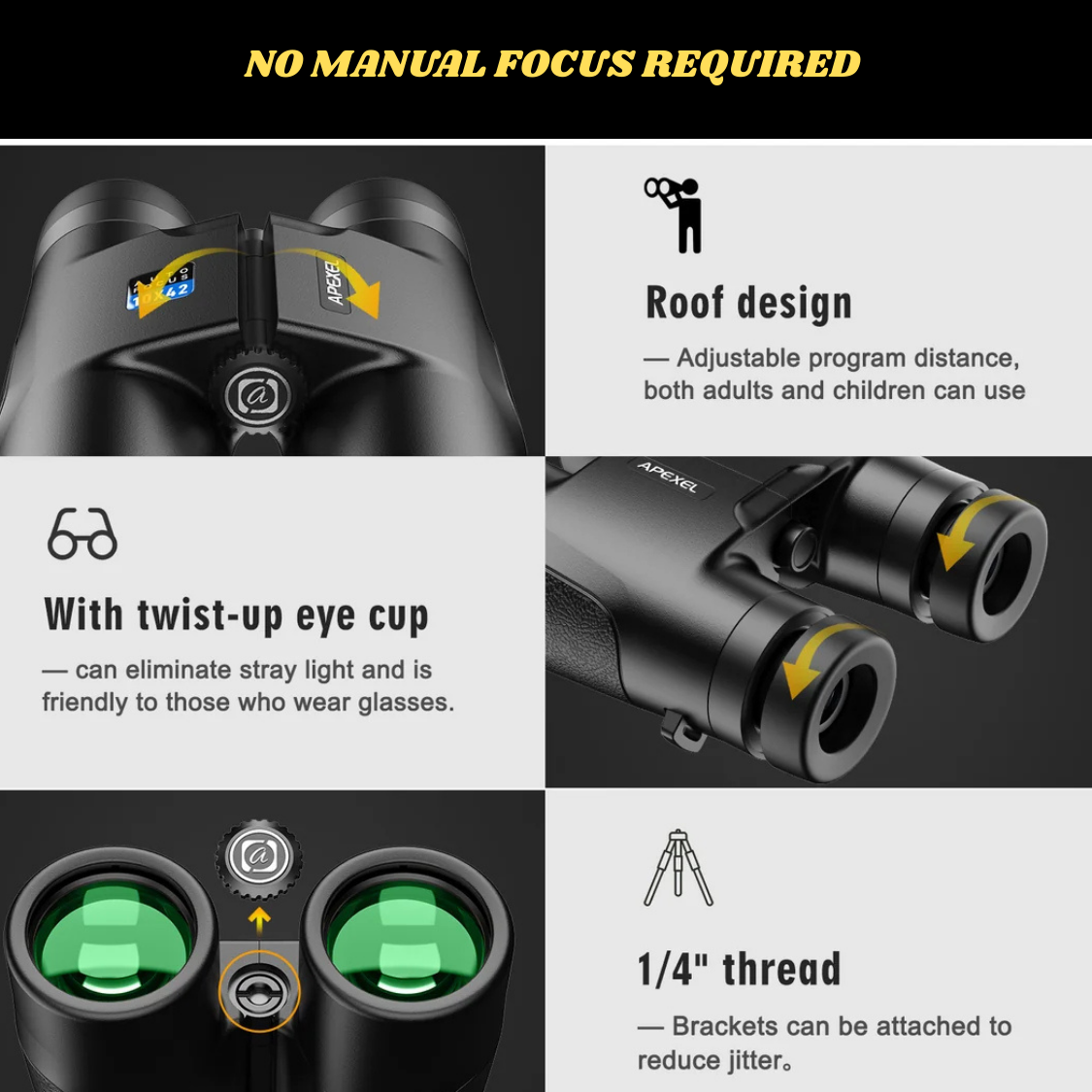 広視野角10x42オートフォーカス双眼鏡 – 子供から大人まで、メガネ着用でも使用可能