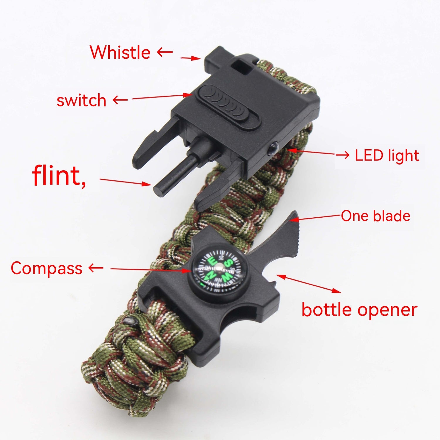 LED Paracord Survival Bracelet with Multitools & Mini Compass